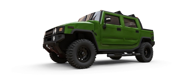 Grande camioncino fuoristrada verde per campagna o spedizioni su sfondo bianco isolato. illustrazione 3D.