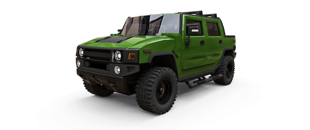 Grande camioncino fuoristrada verde per campagna o spedizioni su sfondo bianco isolato. illustrazione 3D.