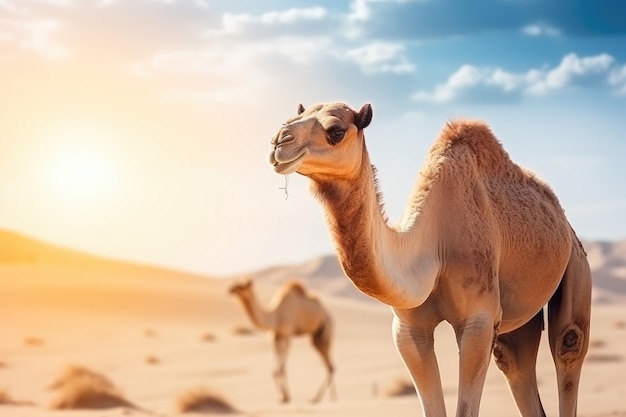 Grande cammello nel deserto Calda giornata di sole IA generativa