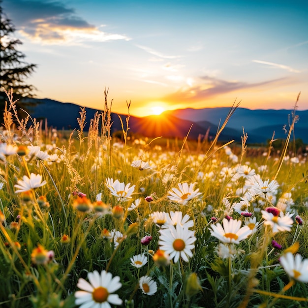 Grande campo con alberi montagne e fiori e con il tramonto