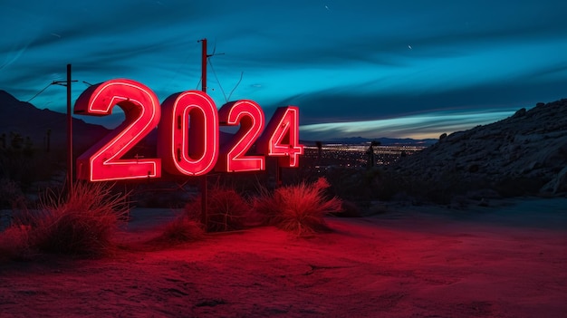 Grande cartello al neon 2024 nel deserto notturno luci al neon 2024th anno