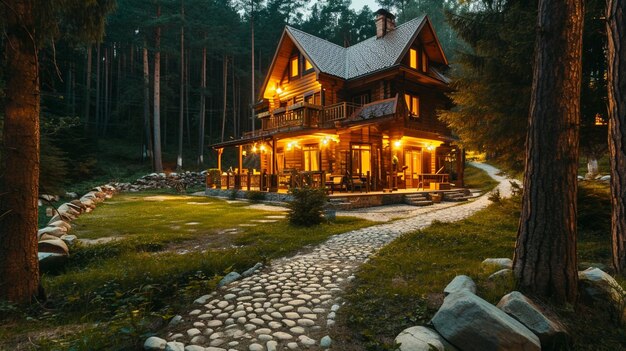 Grande casa di legno Un sentiero di pietra nel cottage Un sentiero porta a una casa di leg no Ai Generative