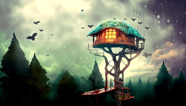 Grande casa epica nella casa di fantasia della casa sull'albero della foresta