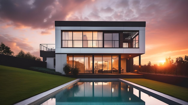 Grande casa moderna con piscina a vista serale