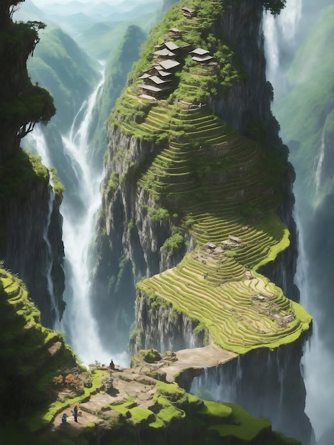 Grande cascata che guarda in basso Bellissimo paesaggio montano Generative AI Illustration