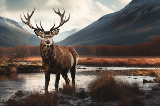 Grande cervo nobile adulto in autunno con grandi corna girate la testa Fauna selvatica europea ai generativa