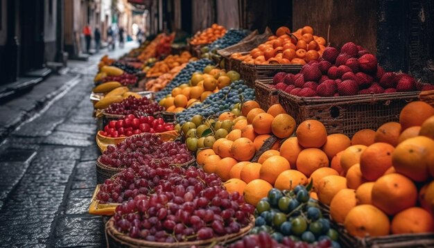 Grande cesto di frutta e verdura biologica multicolore in vendita generato dall'intelligenza artificiale