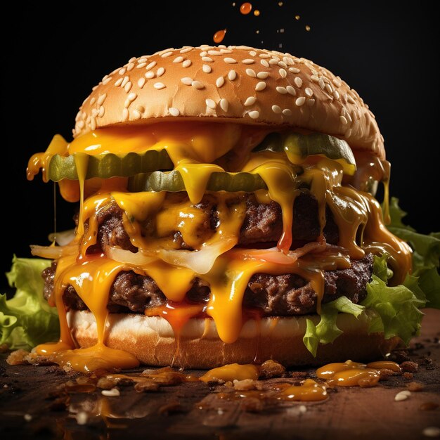 Grande cheeseburger gustoso con formaggio e ketchup su sfondo di legno