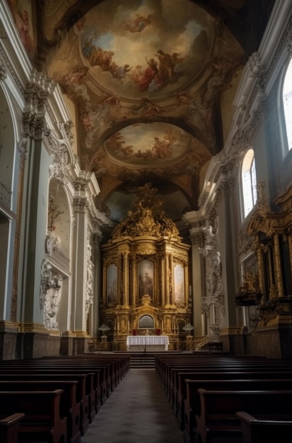 grande chiesa cattolica con sedie di legno e disegni religiosi sul soffitto