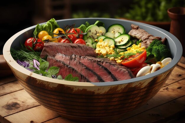Grande ciotola appetitosa con verdure e carne per grigliare nella griglia del cortile