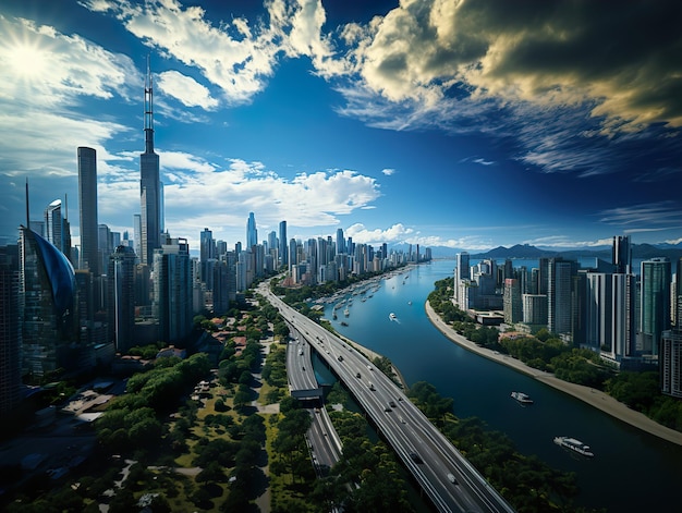 Grande città con cielo blu di grattacieli IA generativa