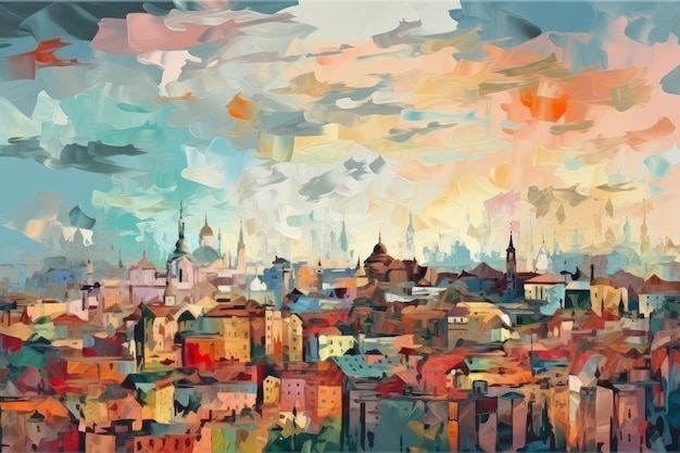 Grande città nello stile della pittura dell'impressionismo Illustrazione AI Generative