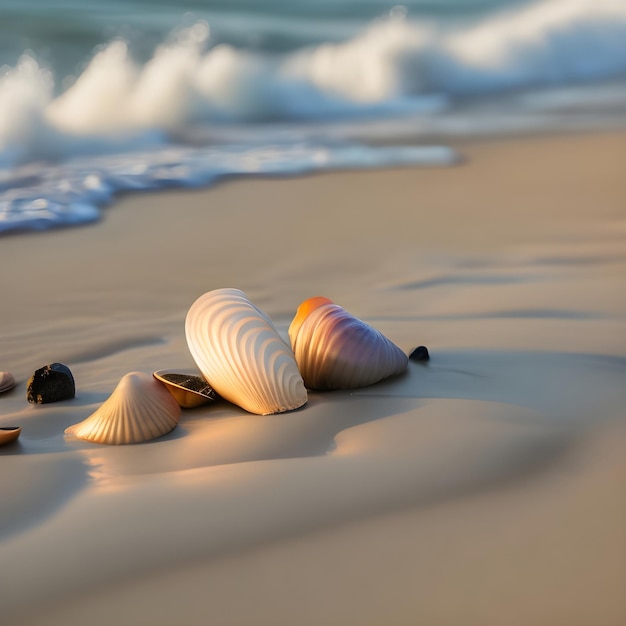 Grande conchiglia di nautilus e conchiglie ordinarie sdraiate sulla spiaggia nelle onde dell'oceano all'ora d'oro