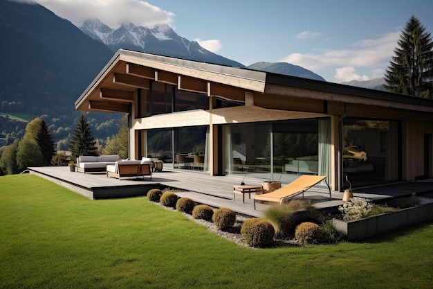 Grande cottage moderno con grandi finestre paesaggio design alberi pietra naturale luce solare fondo di montagna