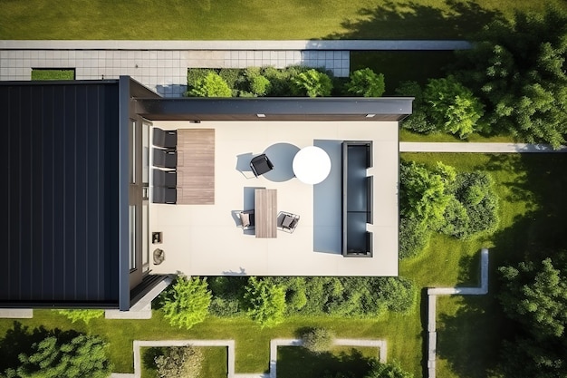 Grande cottage moderno vista aerea terrazza paesaggio design arbusti alberi pietra naturale stile minimalismo