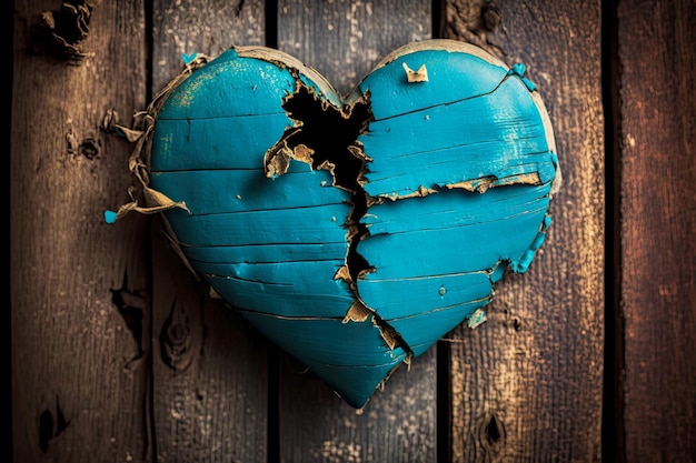 Grande cuore blu su sfondo di legno con schegge create con intelligenza artificiale generativa