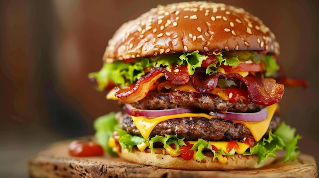 Grande delizioso cheeseburger impilato alto con un bacon manzo patty insalata di cavolo formaggio lattuga cipolla rossa e pomodoro su pane di semi di sesamo servito su tavola da taglio in legno