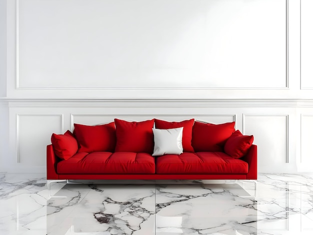 Grande divano rosso moderno con cuscini decorativi per il soggiorno su uno sfondo pulito e luminoso della parete bianca