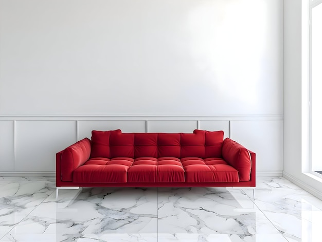 Grande divano rosso moderno per soggiorno su uno sfondo bianco pulito e luminoso e pavimento in marmo