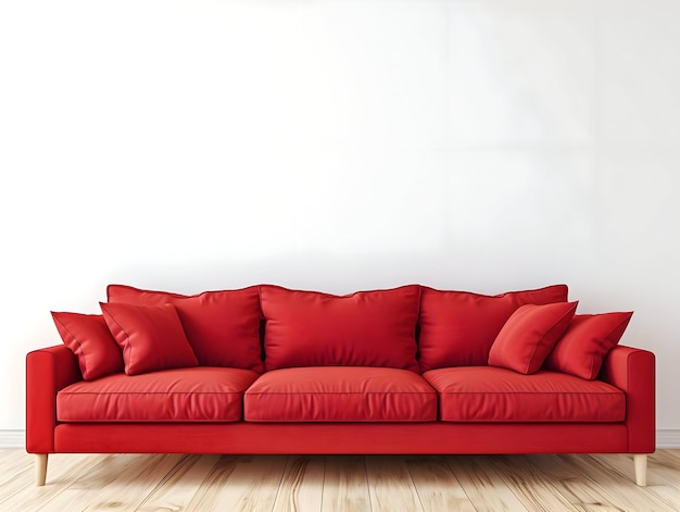 Grande divano rosso moderno per soggiorno su uno sfondo pulito e luminoso della parete bianca e pavimento in legno