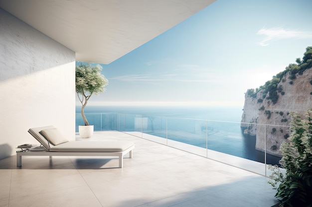 Grande divano sul pavimento in legno vicino alla finestra di vetro e piscina con terrazza nell'appartamento attico Salotto nel soggiorno con vista sul mare della moderna casa sulla spiaggia di lusso o hotel Home interior illustrazione 3d