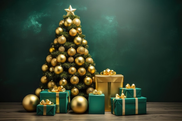 Grande e bellissimo albero di Natale decorato con scatole regalo sotto l'albero, spazio per il testo AI generativa