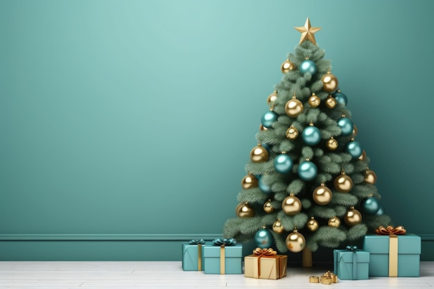 Grande e bellissimo albero di Natale decorato con scatole regalo sotto l'albero, spazio per il testo AI generativa
