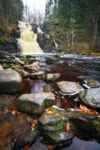 Grande e pittoresca cascata nella foresta autunnale Carelia Russia