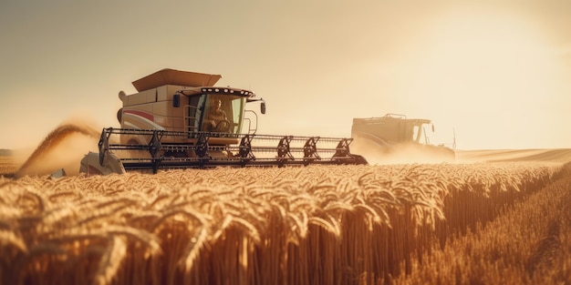 Grande e potente trattore rurale che avanza attraverso le piantagioni di grano per un raccolto ad alta produttività IA generativa