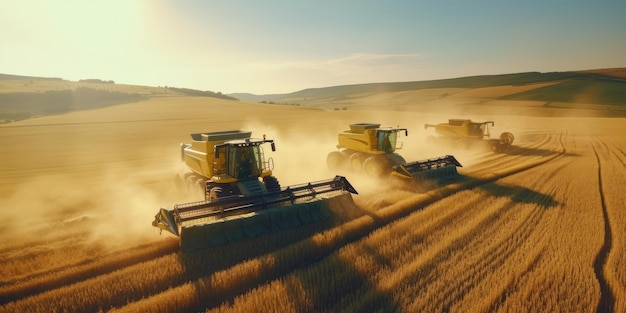 Grande e potente trattore rurale che avanza attraverso le piantagioni di grano per un raccolto ad alta produttività IA generativa