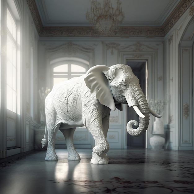 grande elefante bianco in una stanza vuota fotorealistico