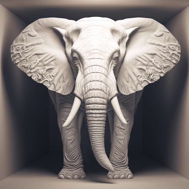 grande elefante bianco in una stanza vuota fotorealistico