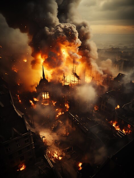 Grande esplosione nella città di notte bombardamento della città illustrazione di guerra generata da AI