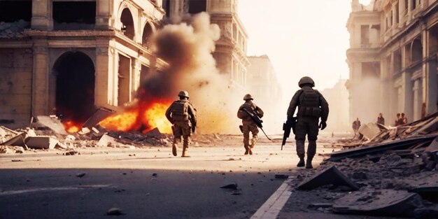 grande esplosione strada di edifici cittadini in rovina soldati che camminano lungo il