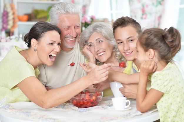 Grande famiglia felice che mangia