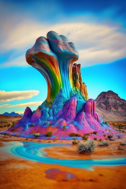 Grande formazione rocciosa dipinta colorata nel deserto con vernice colorata arcobaleno ai generativa