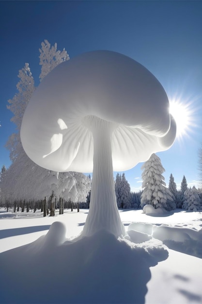 Grande fungo che si siede nel mezzo di una foresta innevata ai generativa