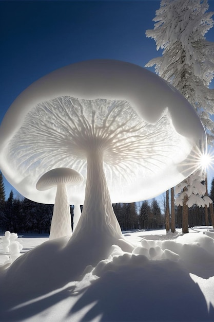 Grande fungo che si siede sopra un terreno innevato ai generativo