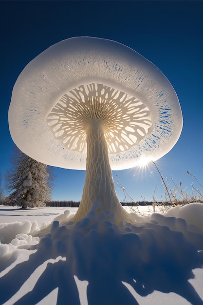 Grande fungo che si siede sopra un terreno innevato ai generativo