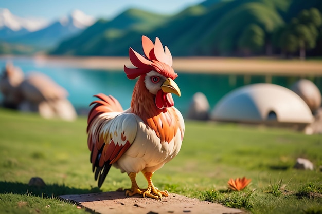 Grande gallo che canta splendida piuma cresta di gallo carta da parati vita rurale sfondo animale pollame