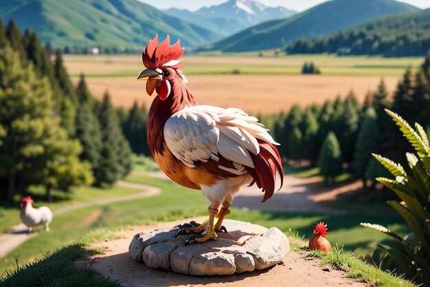 Grande gallo che canta splendida piuma cresta di gallo carta da parati vita rurale sfondo animale pollame