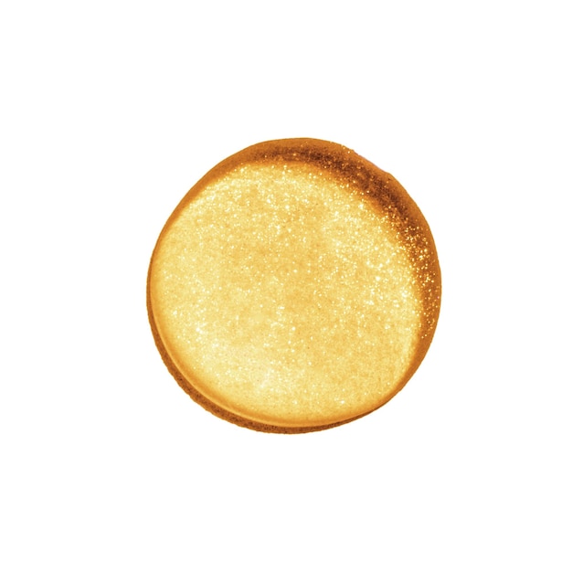 Grande goccia di oro liquido o un liquido giallo con scintillii isolato su uno sfondo bianco Scintillio di cosmetici di chimica di laboratorio