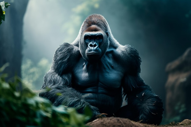 Grande gorilla nell'ambiente naturale Ritratto di un animale Gorilla triste