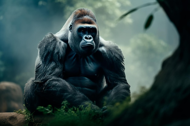 Grande gorilla nell'ambiente naturale Ritratto di un animale Gorilla triste
