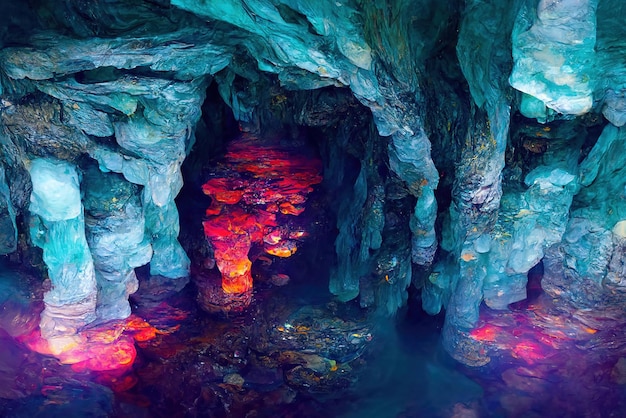 Grande grotta sotterranea con sentiero roccioso e ruscello che alimenta un laghetto