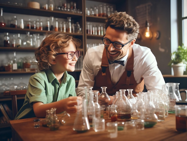 Grande gruppo di bambini diversi che indossano camici da laboratorio durante le lezioni di chimica mentre si godono esperimenti scientifici