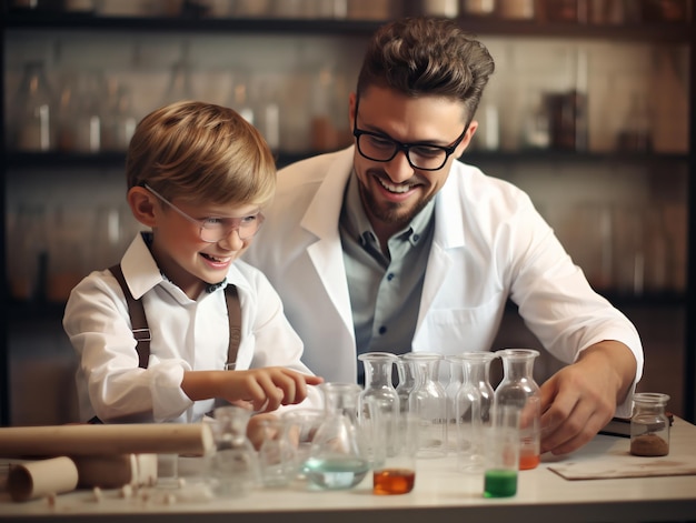 Grande gruppo di bambini diversi che indossano camici da laboratorio durante le lezioni di chimica mentre si godono esperimenti scientifici