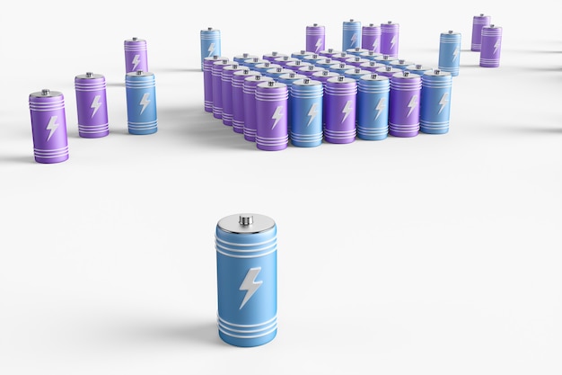 Grande gruppo di batterie su sfondo bianco. illustrazione di rendering 3D.