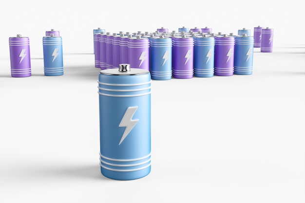 Grande gruppo di batterie su sfondo bianco. illustrazione di rendering 3D.