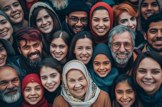 Grande gruppo di felici persone multietniche e multigenerazionali